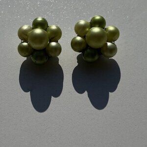 Vintage Clip On Earrings Cluster Green Leaves Round Beaded Hong Kong Soft 1"